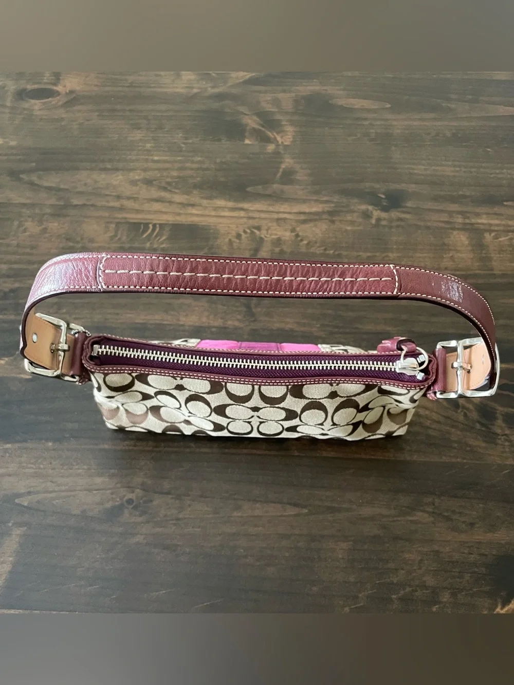 Vintage Coach 7039 Signature Stripe Suede Demi Baguette Shoulder Bag